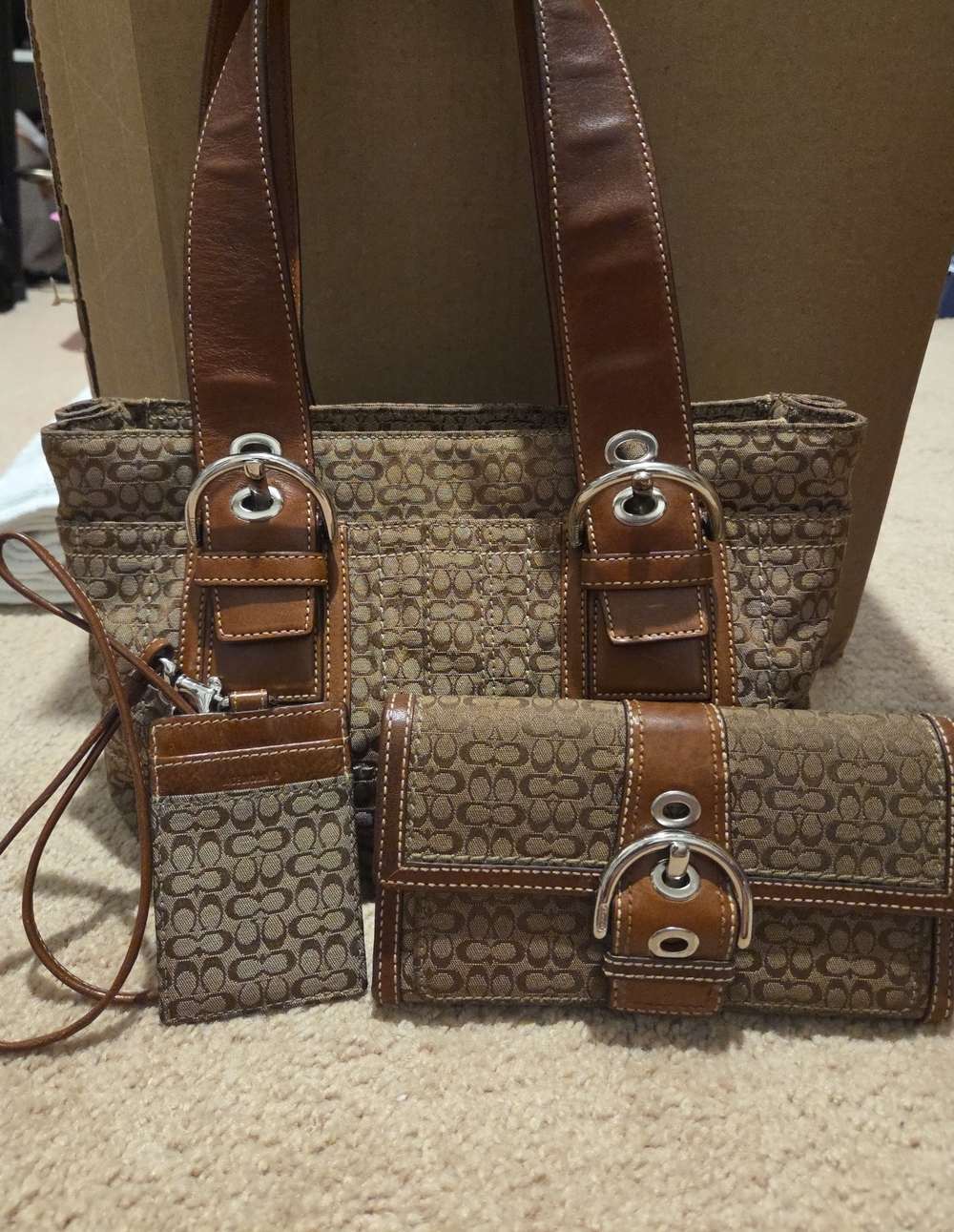 Coach Brown Signature Canvas Shoulder Bag with Matching Wallet & Card Holder